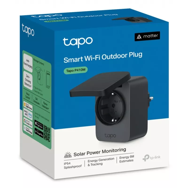 TP-Link Tapo P410M nutipistik — välistingimustes kasutatav Wi‑Fi pistikupesa, 3680 W, 200–250 V, must