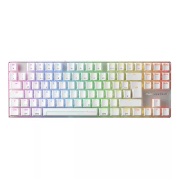 Juhtmevaba mänguriklaviatuur CHERRY MX 8.2 Pro TMR — Tenkeyless, QWERTZ saksa, USB + RF + Bluetooth, RGB, hõbe/valge