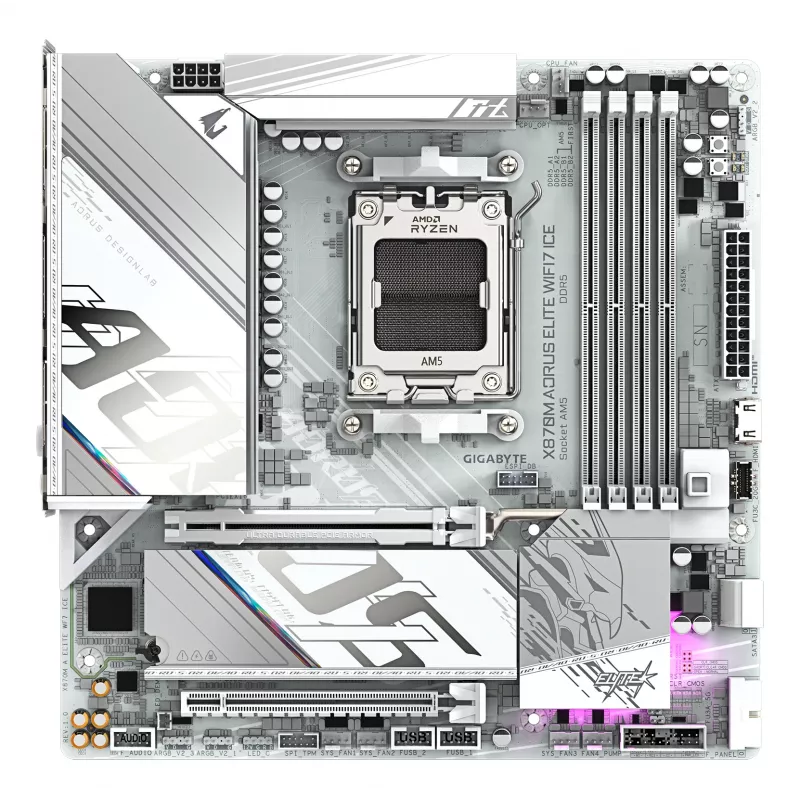 GIGABYTE emaplaat X870M AORUS ELITE WIFI7 ICE — Micro ATX, AMD X870, Socket AM5, DDR5 kuni 8200Hz (O.C), 14+2+2 VRM, PCIe 5.0, Wi‑Fi 7, 2,5 GbE, USB4