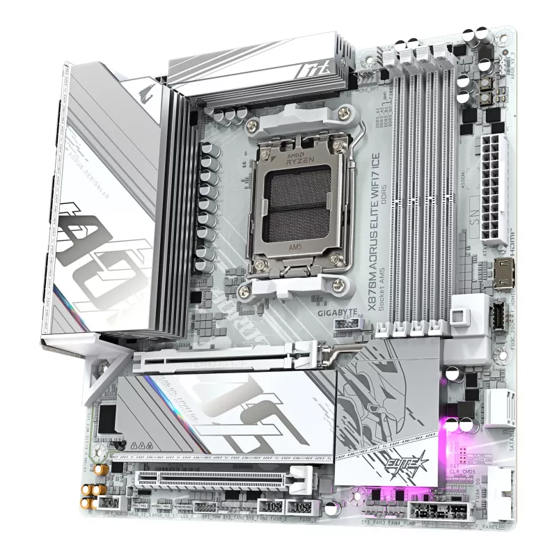 GIGABYTE emaplaat X870M AORUS ELITE WIFI7 ICE — Micro ATX, AMD X870, Socket AM5, DDR5 kuni 8200Hz (O.C), 14+2+2 VRM, PCIe 5.0, Wi‑Fi 7, 2,5 GbE, USB4
