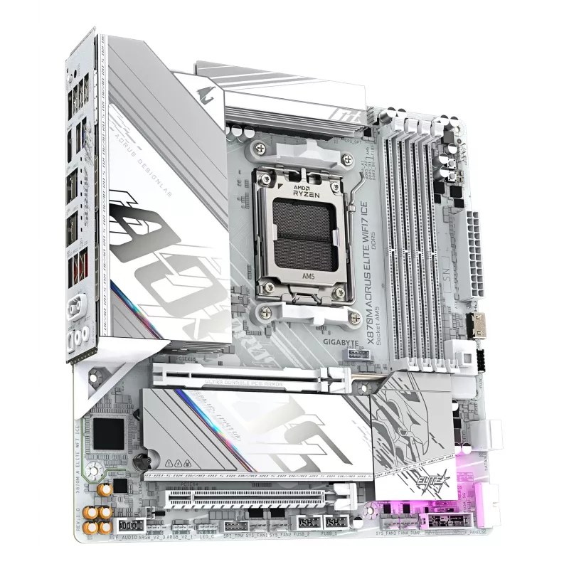 GIGABYTE emaplaat X870M AORUS ELITE WIFI7 ICE — Micro ATX, AMD X870, Socket AM5, DDR5 kuni 8200Hz (O.C), 14+2+2 VRM, PCIe 5.0, Wi‑Fi 7, 2,5 GbE, USB4