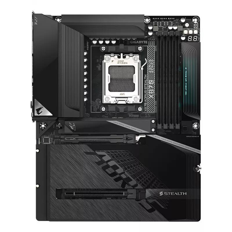 GIGABYTE X870 AORUS STEALTH emaplaat – toetab AMD Ryzen 9000 protsessoreid, 16+2+2 faasiline digitaalne VRM, kuni 8200MHz DDR5 (OC), 2xPCIe 5.0 + 2xPCIe 4.0, Wi-Fi 7, 5 GbE LAN, USB 4