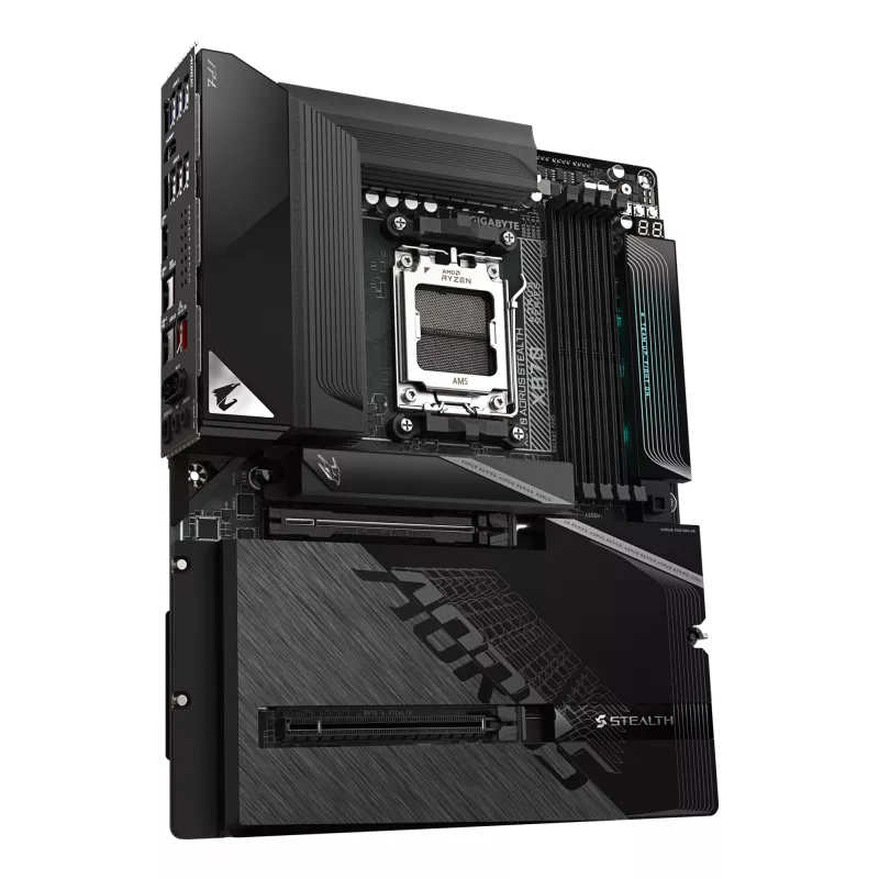 GIGABYTE X870 AORUS STEALTH emaplaat – toetab AMD Ryzen 9000 protsessoreid, 16+2+2 faasiline digitaalne VRM, kuni 8200MHz DDR5 (OC), 2xPCIe 5.0 + 2xPCIe 4.0, Wi-Fi 7, 5 GbE LAN, USB 4