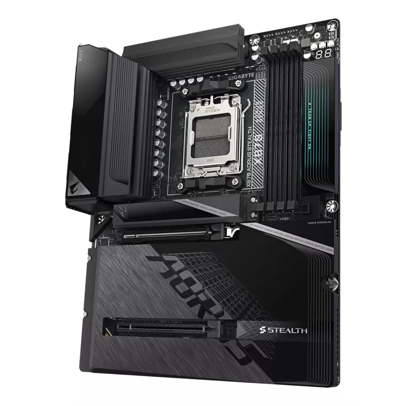GIGABYTE X870 AORUS STEALTH emaplaat – toetab AMD Ryzen 9000 protsessoreid, 16+2+2 faasiline digitaalne VRM, kuni 8200MHz DDR5 (OC), 2xPCIe 5.0 + 2xPCIe 4.0, Wi-Fi 7, 5 GbE LAN, USB 4