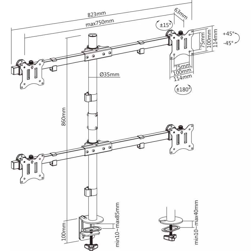 InLine lauaklamber 4x TV / LED / TFT ekraanile kuni 81cm 32 tolli max 9kg