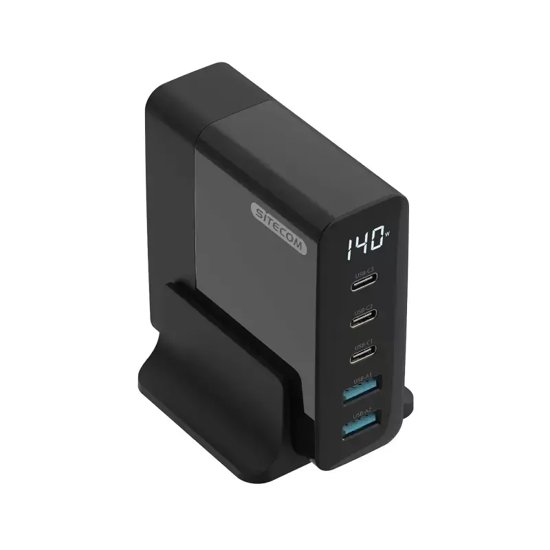 Mobiilseadme laadija Sitecom CH-1004 — universaalne vahelduvvoolu siselaadija, 100–240 V sisend, kuni 20 V väljund, 3× USB-C, must