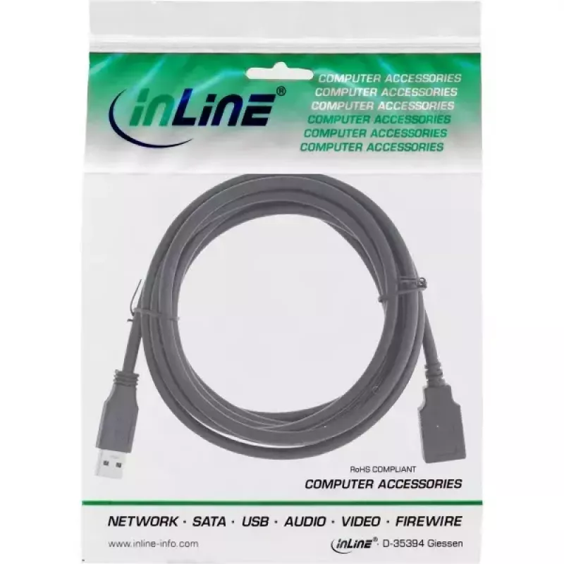 USB 3.2 Gen 1 (USB 3.0) pikenduskaabel A isane–A emane, InLine, 2 m, must — 50 tk pakend