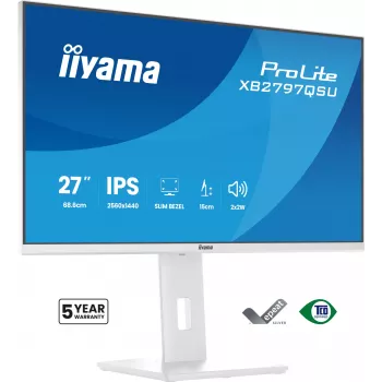 27-tolline IIYAMA ProLite XB2797QSU-W1 IPS Quad HD (2560x1440) LED-kuvar, 178° vaatenurk, USB 3.2 jaotur, kõlarid, VESA, kõrguse reguleerimine, valge