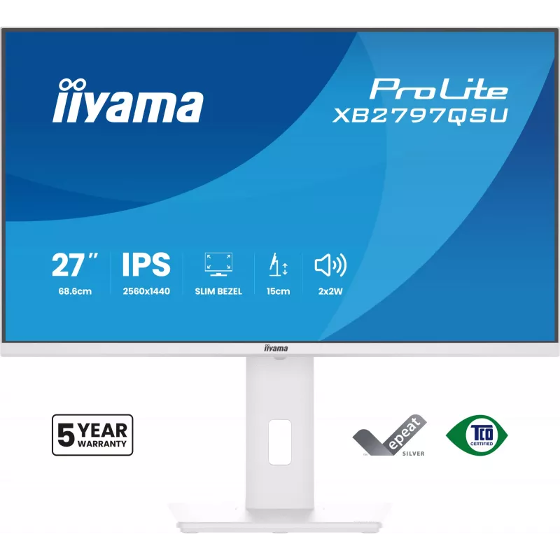 27-tolline IIYAMA ProLite XB2797QSU-W1 IPS Quad HD (2560x1440) LED-kuvar, 178° vaatenurk, USB 3.2 jaotur, kõlarid, VESA, kõrguse reguleerimine, valge