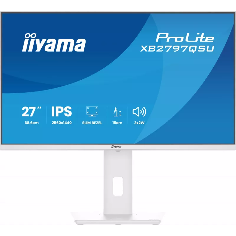 27-tolline IIYAMA ProLite XB2797QSU-W1 IPS Quad HD (2560x1440) LED-kuvar, 178° vaatenurk, USB 3.2 jaotur, kõlarid, VESA, kõrguse reguleerimine, valge