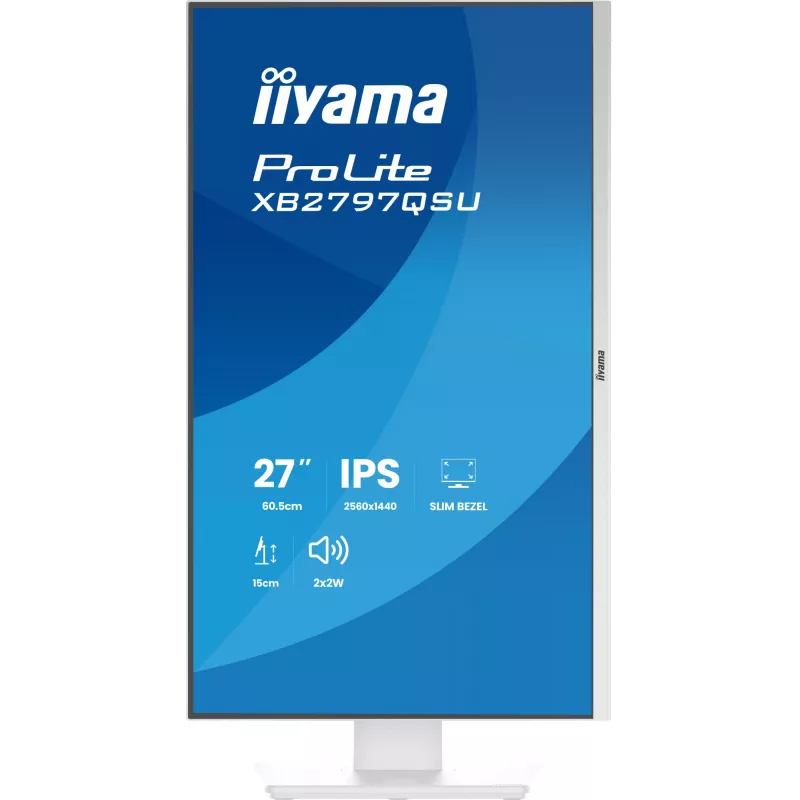 27-tolline IIYAMA ProLite XB2797QSU-W1 IPS Quad HD (2560x1440) LED-kuvar, 178° vaatenurk, USB 3.2 jaotur, kõlarid, VESA, kõrguse reguleerimine, valge