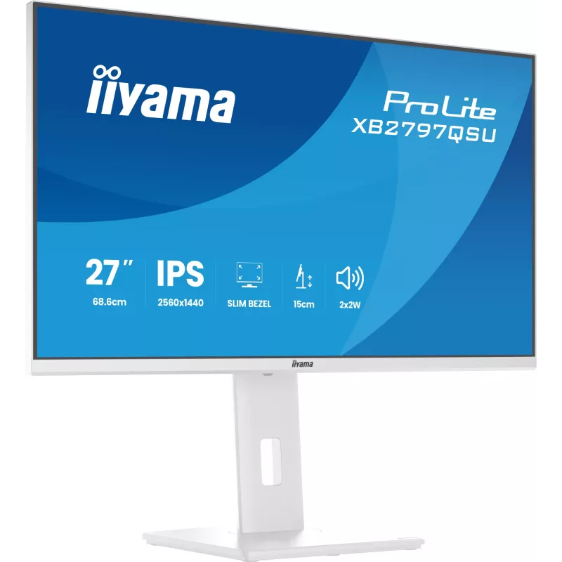 27-tolline IIYAMA ProLite XB2797QSU-W1 IPS Quad HD (2560x1440) LED-kuvar, 178° vaatenurk, USB 3.2 jaotur, kõlarid, VESA, kõrguse reguleerimine, valge
