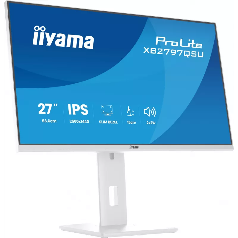 27-tolline IIYAMA ProLite XB2797QSU-W1 IPS Quad HD (2560x1440) LED-kuvar, 178° vaatenurk, USB 3.2 jaotur, kõlarid, VESA, kõrguse reguleerimine, valge