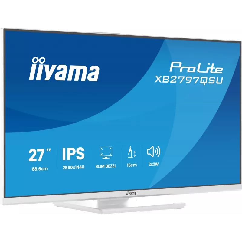 27-tolline IIYAMA ProLite XB2797QSU-W1 IPS Quad HD (2560x1440) LED-kuvar, 178° vaatenurk, USB 3.2 jaotur, kõlarid, VESA, kõrguse reguleerimine, valge