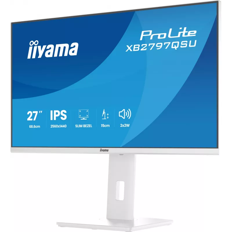 27-tolline IIYAMA ProLite XB2797QSU-W1 IPS Quad HD (2560x1440) LED-kuvar, 178° vaatenurk, USB 3.2 jaotur, kõlarid, VESA, kõrguse reguleerimine, valge
