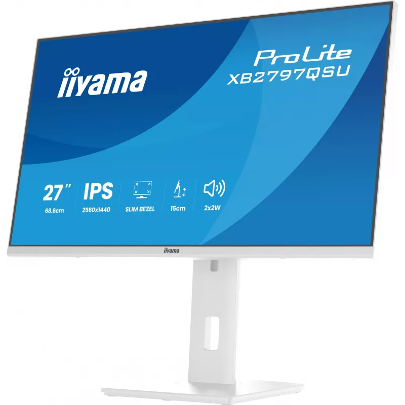 27-tolline IIYAMA ProLite XB2797QSU-W1 IPS Quad HD (2560x1440) LED-kuvar, 178° vaatenurk, USB 3.2 jaotur, kõlarid, VESA, kõrguse reguleerimine, valge