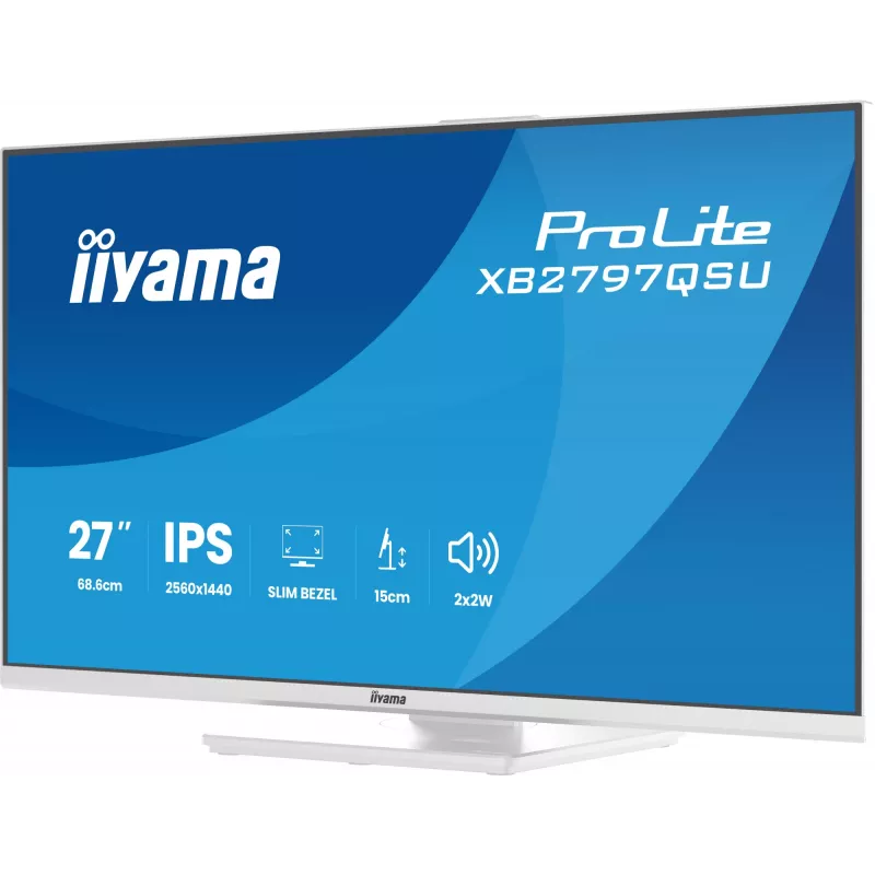 27-tolline IIYAMA ProLite XB2797QSU-W1 IPS Quad HD (2560x1440) LED-kuvar, 178° vaatenurk, USB 3.2 jaotur, kõlarid, VESA, kõrguse reguleerimine, valge