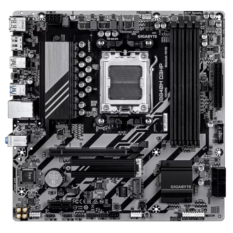 GIGABYTE B840M D3HP emaplaat - AMD Ryzen 9000 protsessorid, 8+2+2 faasi VRM, kuni 8200MHz DDR5 (O.C), 2x PCIe 4.0 M.2, 1GbE LAN, USB 3.2 Gen 2