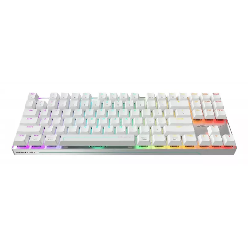 Juhtmevaba mänguklaviatuur Cherry MX 8.2 Pro TMR — Tenkeyless 88 klahvi, USB + RF + Bluetooth, Magnet-mehaanilised lülitid, RGB, Hõbe/Valge