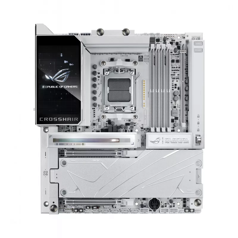 Emaplaat ASUS ROG CROSSHAIR X870E GLACIAL — AMD X870E, pesa AM5, E-ATX, DDR5, kuni 256 GB, Wi‑Fi 7, 10Gb Ethernet