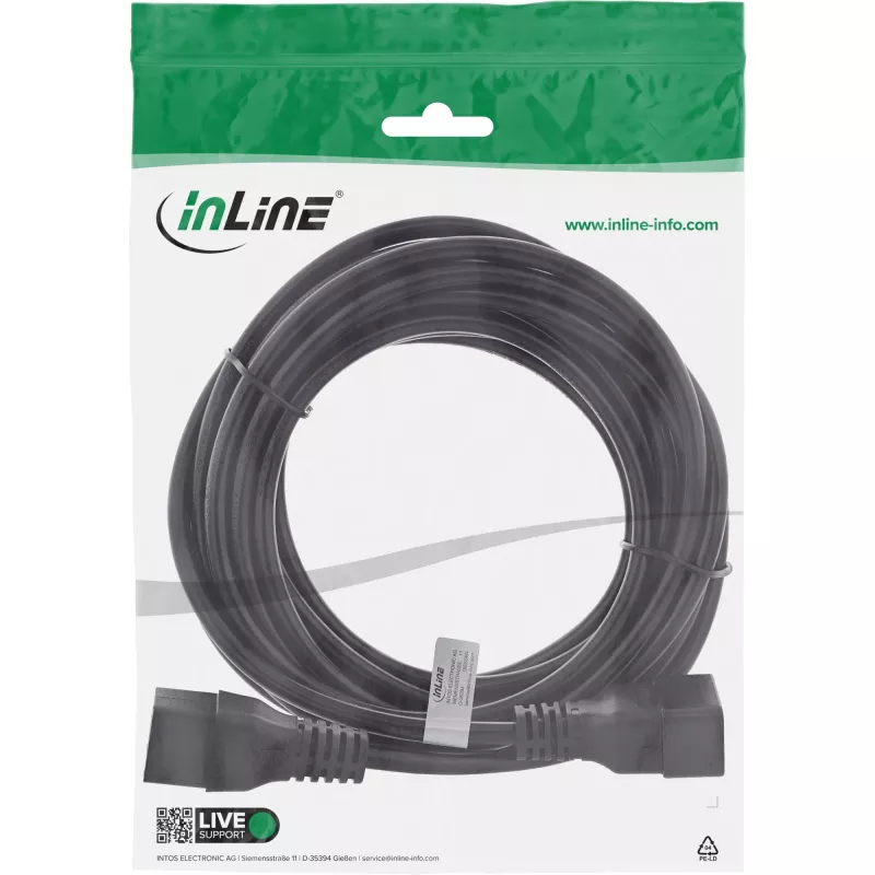 InLine toitekaabel C19 / C20 3-kontaktiline IEC isane / emane must 7,5m
