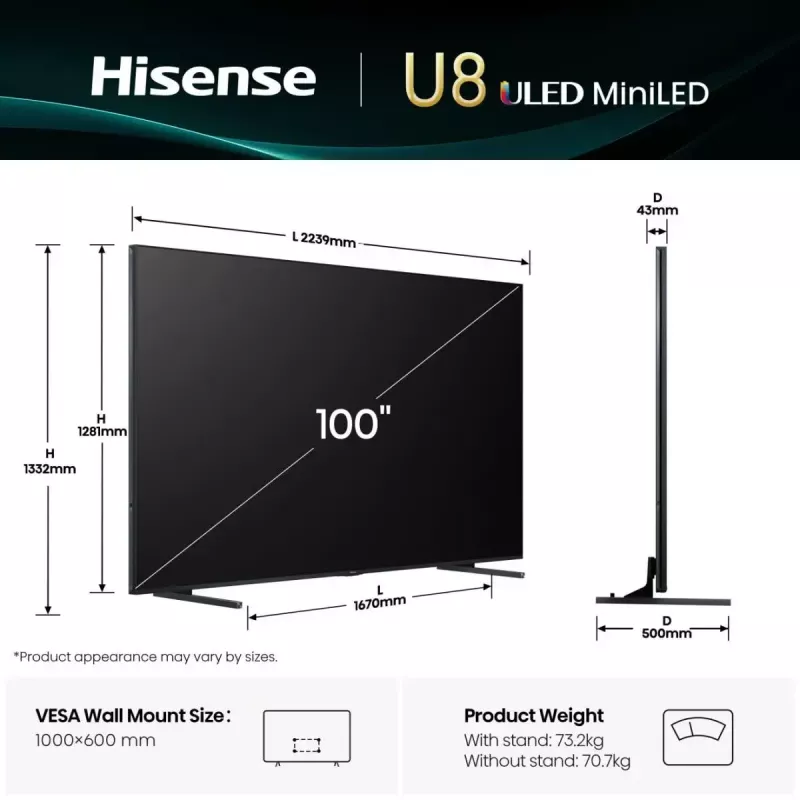 TV Hisense 100U8Q 100 tolli (253 cm) 4K ULED nutiTV Mini LED, VIDAA, Wi‑Fi, DVB-T2/C/S2, must/hall