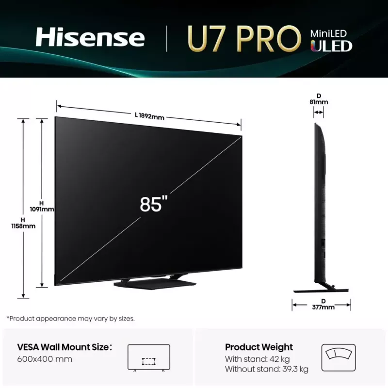 Hisense U7Q PRO 85U7Q PRO 2.16 m (85-tolline) 4K Ultra HD nutiteler Wi-Fi Must 500 cd/m²