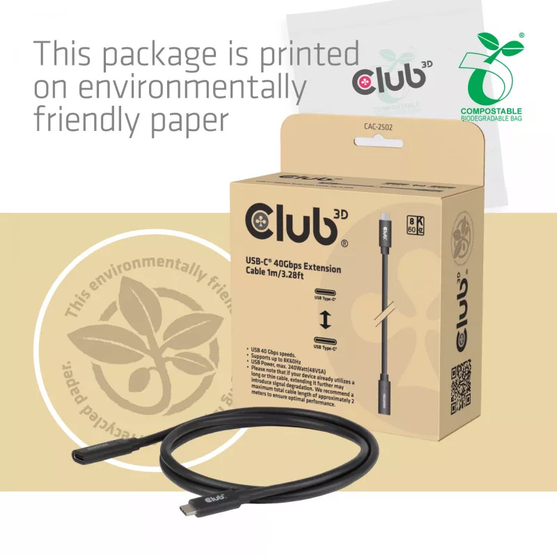 USB-C 40Gbps pikenduskaabel 1 m — club 3d, USB C USB C-le, Must