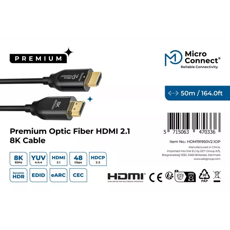 HDMI-kaabel Microconnect HDM191950V2.1OP 2.1 4K 60Hz 8K 120Hz