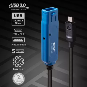 Lindy 5m USB 3.2 Gen 1 C/A Active Extension Pro, 5 m, USB C, USB A, USB 3.2 Gen 1 (3.1 Gen 1), Must