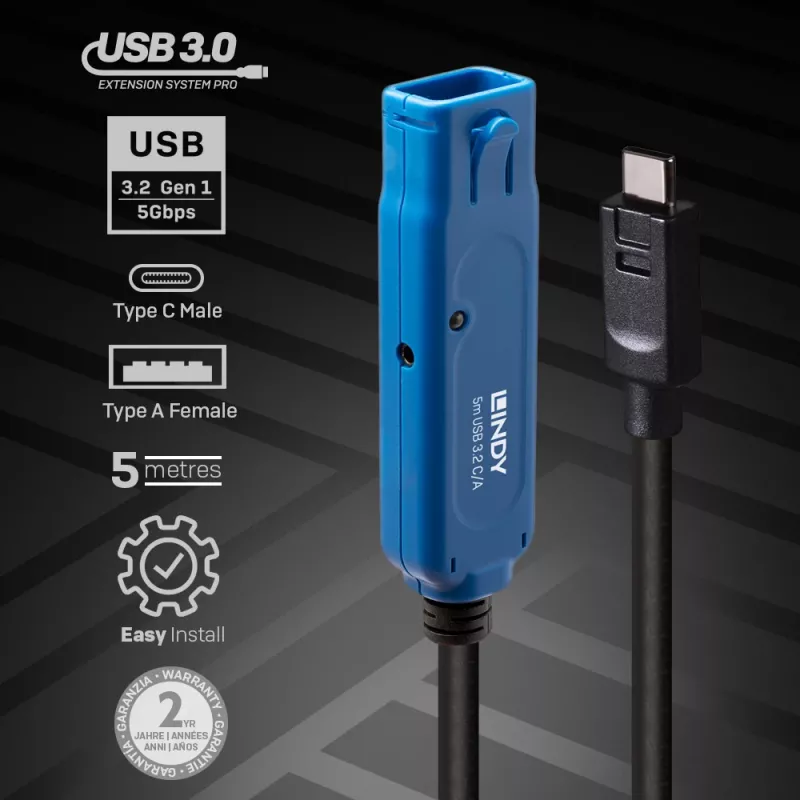 Lindy 5m USB 3.2 Gen 1 C/A Active Extension Pro, 5 m, USB C, USB A, USB 3.2 Gen 1 (3.1 Gen 1), Must