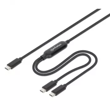 Manhattan Dual USB-C to USB-C laadimiskaabel, 100 W, 2 m, isane kahe isasele, nutikas võimsusjagaja kaabel, laeb kahte seadet ühest USB-C PD-pordist, pakub ühe seadme laadimisel kuni 100 W ja kahe seadme samaaegsel laadimisel kuni 70 W + 28 W, punutud ümbris, alumiiniumist kaitse, must