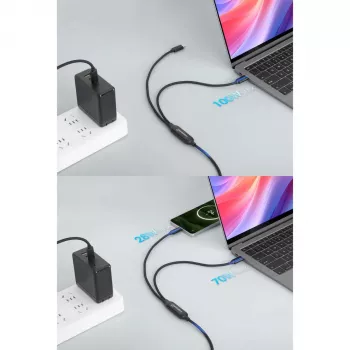 Manhattan Dual USB-C to USB-C laadimiskaabel, 100 W, 2 m, isane kahe isasele, nutikas võimsusjagaja kaabel, laeb kahte seadet ühest USB-C PD-pordist, pakub ühe seadme laadimisel kuni 100 W ja kahe seadme samaaegsel laadimisel kuni 70 W + 28 W, punutud ümbris, alumiiniumist kaitse, must