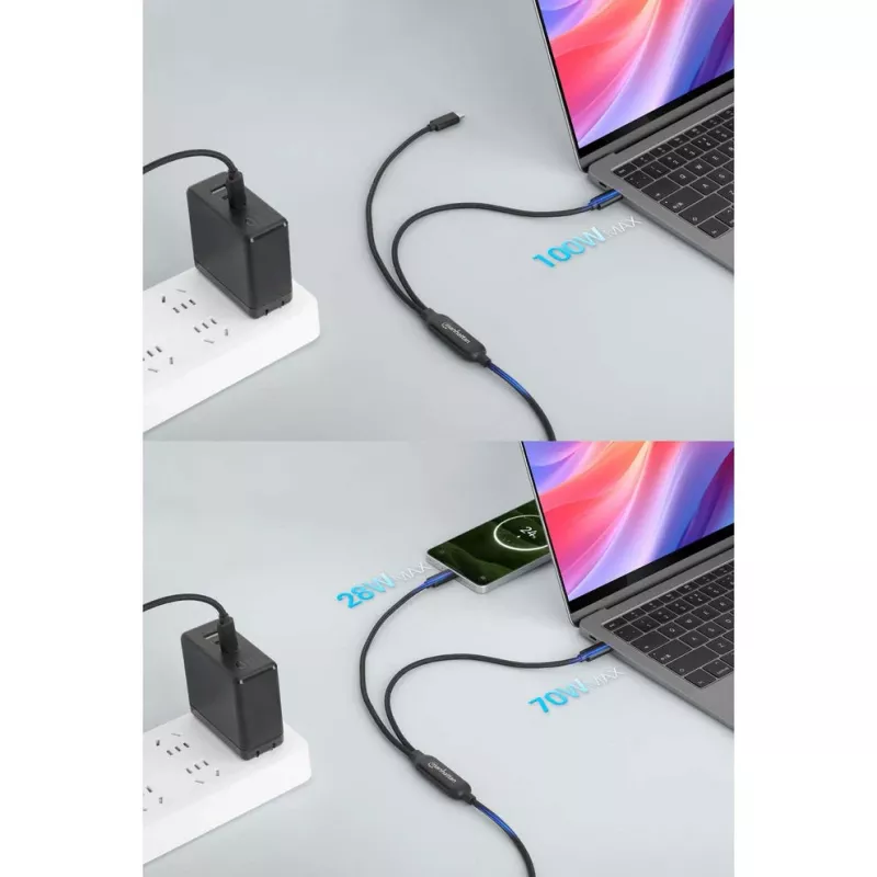 Manhattan Dual USB-C to USB-C laadimiskaabel, 100 W, 2 m, isane kahe isasele, nutikas võimsusjagaja kaabel, laeb kahte seadet ühest USB-C PD-pordist, pakub ühe seadme laadimisel kuni 100 W ja kahe seadme samaaegsel laadimisel kuni 70 W + 28 W, punutud ümbris, alumiiniumist kaitse, must