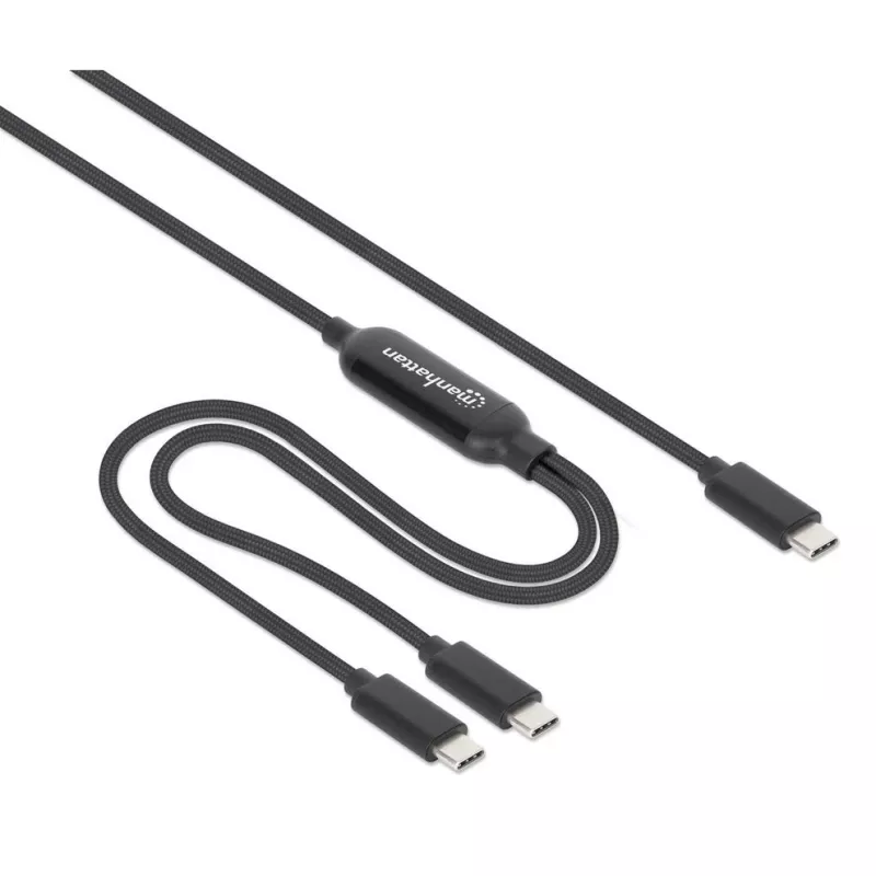 Manhattan Dual USB-C to USB-C laadimiskaabel, 100 W, 2 m, isane kahe isasele, nutikas võimsusjagaja kaabel, laeb kahte seadet ühest USB-C PD-pordist, pakub ühe seadme laadimisel kuni 100 W ja kahe seadme samaaegsel laadimisel kuni 70 W + 28 W, punutud ümbris, alumiiniumist kaitse, must