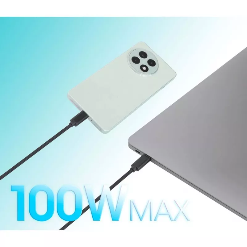 Manhattan Dual USB-C to USB-C laadimiskaabel, 100 W, 2 m, isane kahe isasele, nutikas võimsusjagaja kaabel, laeb kahte seadet ühest USB-C PD-pordist, pakub ühe seadme laadimisel kuni 100 W ja kahe seadme samaaegsel laadimisel kuni 70 W + 28 W, punutud ümbris, alumiiniumist kaitse, must