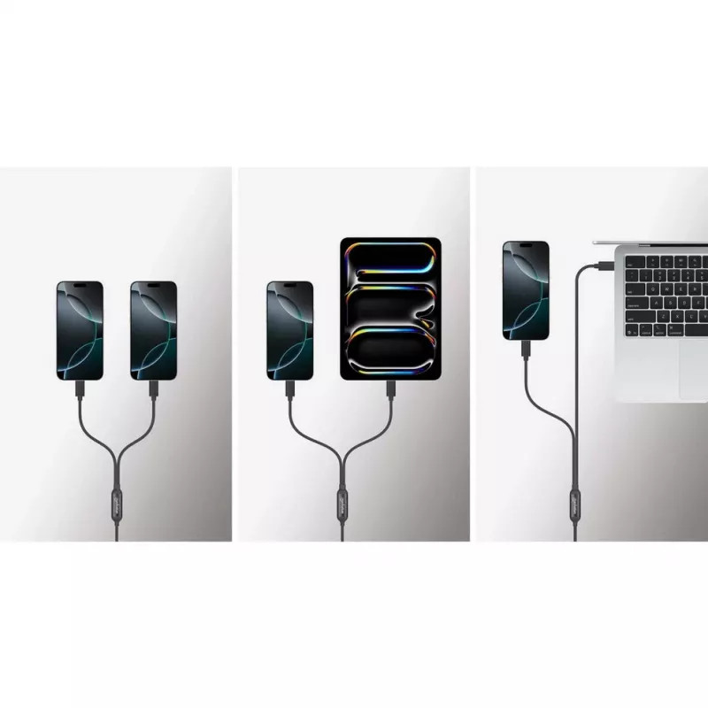 Manhattan Dual USB-C to USB-C laadimiskaabel, 100 W, 2 m, isane kahe isasele, nutikas võimsusjagaja kaabel, laeb kahte seadet ühest USB-C PD-pordist, pakub ühe seadme laadimisel kuni 100 W ja kahe seadme samaaegsel laadimisel kuni 70 W + 28 W, punutud ümbris, alumiiniumist kaitse, must