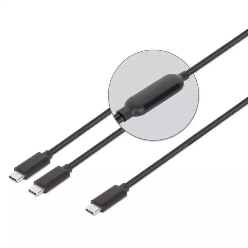 Manhattan Dual USB-C to USB-C laadimiskaabel, 100 W, 2 m, isane kahe isasele, nutikas võimsusjagaja kaabel, laeb kahte seadet ühest USB-C PD-pordist, pakub ühe seadme laadimisel kuni 100 W ja kahe seadme samaaegsel laadimisel kuni 70 W + 28 W, punutud ümbris, alumiiniumist kaitse, must