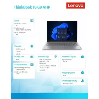 Sülearvuti Lenovo ThinkBook 16 G9 21UT0077PB Windows 11 Pro, Intel (täpsustamata), 16,0-tolline WQXGA, 16 GB muutmälu, 512 GB SSD, Arctic hall