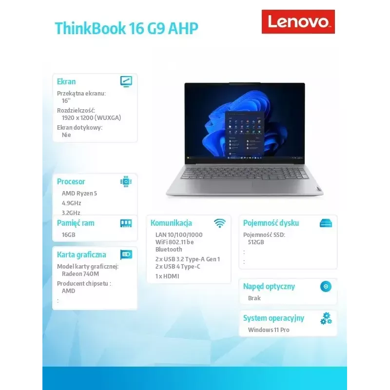 Sülearvuti Lenovo ThinkBook 16 G9 21UT0077PB Windows 11 Pro, Intel (täpsustamata), 16,0-tolline WQXGA, 16 GB muutmälu, 512 GB SSD, Arctic hall