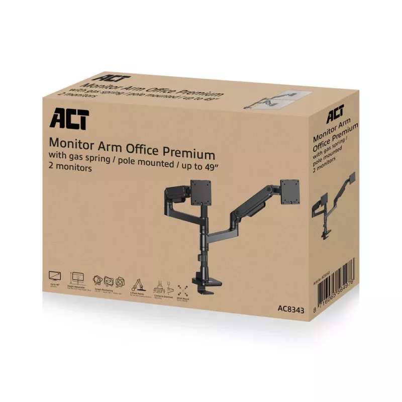 ACT monitorihoidik 49 tolli kontori premium, gaasivedru, postile kinnitatav, 2 monitori