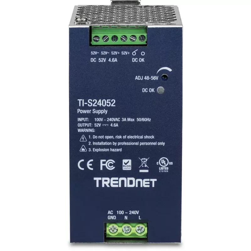 Toiteplokk TRENDNET TI-S24052 võrgukommutaatorile, 240W, AC 90–264V, kaitse: OCP/OPP/OVP/OTP/lühis, must