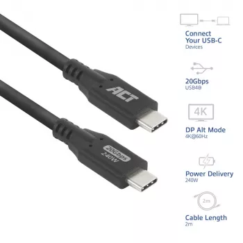 ACT USB4 20Gbps 240W USB USB-C kaabel, 2 meetrit, 2 m, USB C, USB C, USB4 Gen 2x2, 20 Gbit/s, must