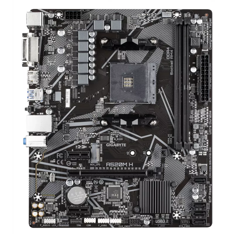GIGABYTE A520M H emaplaat – toetab AMD Ryzen 5000 seeria AM4 protsessoreid, 4+3 faasi Pure Digital VRM, kuni 5100 MHz DDR4 (OC), PCIe 3.0 x4 M.2, GbE LAN, USB 3.2 Gen 1
