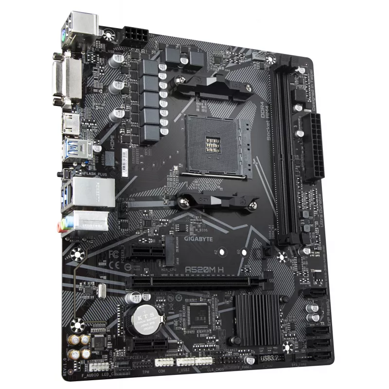 GIGABYTE A520M H emaplaat – toetab AMD Ryzen 5000 seeria AM4 protsessoreid, 4+3 faasi Pure Digital VRM, kuni 5100 MHz DDR4 (OC), PCIe 3.0 x4 M.2, GbE LAN, USB 3.2 Gen 1