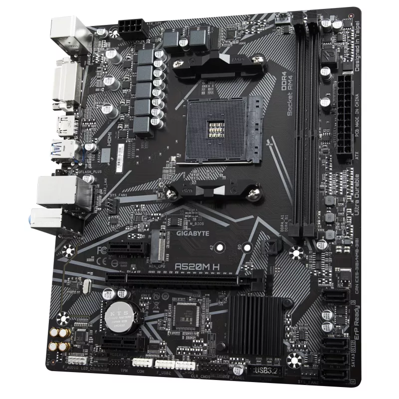 GIGABYTE A520M H emaplaat – toetab AMD Ryzen 5000 seeria AM4 protsessoreid, 4+3 faasi Pure Digital VRM, kuni 5100 MHz DDR4 (OC), PCIe 3.0 x4 M.2, GbE LAN, USB 3.2 Gen 1