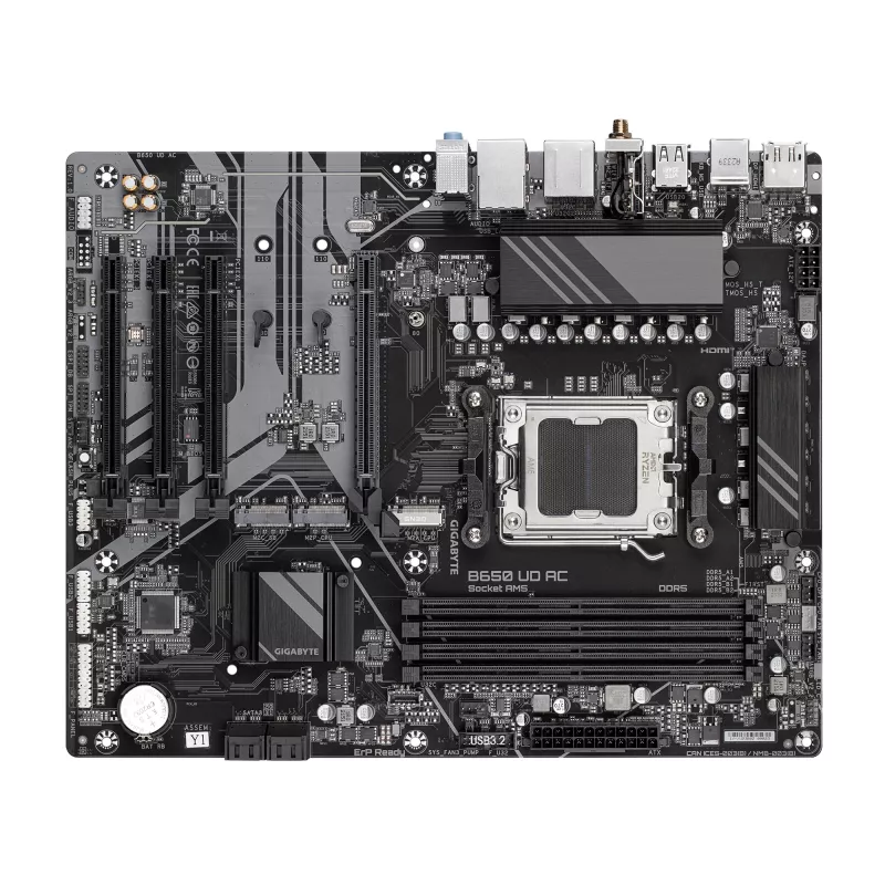 GIGABYTE B650 UD AC emaplaat - AMD Ryzen 9000 seeria protsessorid, 6+2+2 faasiga VRM, kuni 8000 MHz DDR5 (OC), 1x PCIe 5.0 + 2x PCIe 4.0 M.2, GbE LAN, WIFI 5, USB 3.2 Gen 2