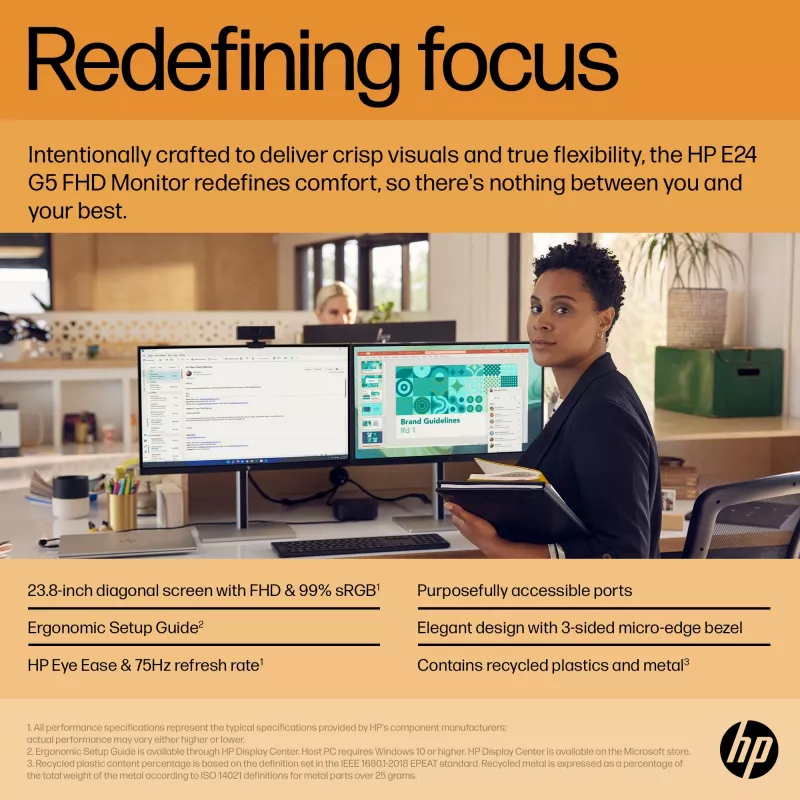 HP E24 G5 FHD PVC-vaba monitor, 60,5 cm (23,8 tolli), 1920 x 1080 pikslit, Full HD, LCD, 5 ms, must, hõbedane
