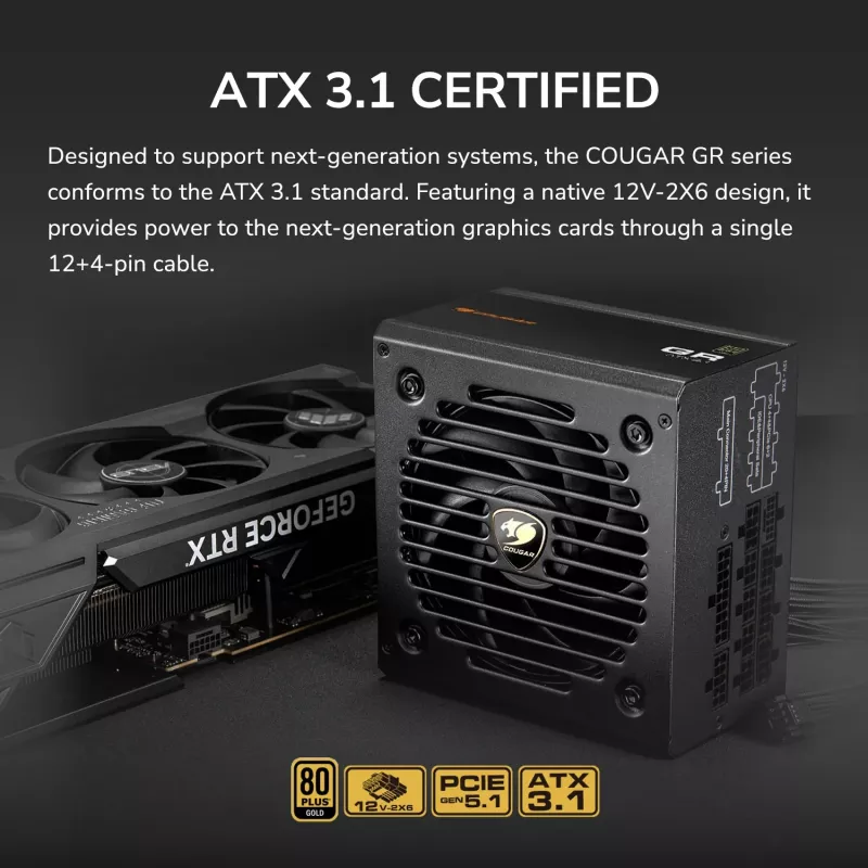 COUGAR Power Supply GR 750W ATX3.1/PCIE 5.1 / 80 Plus Gold, 750 W, 100 - 240 V, 50/60 Hz, 10 A, 100 W, 750 W