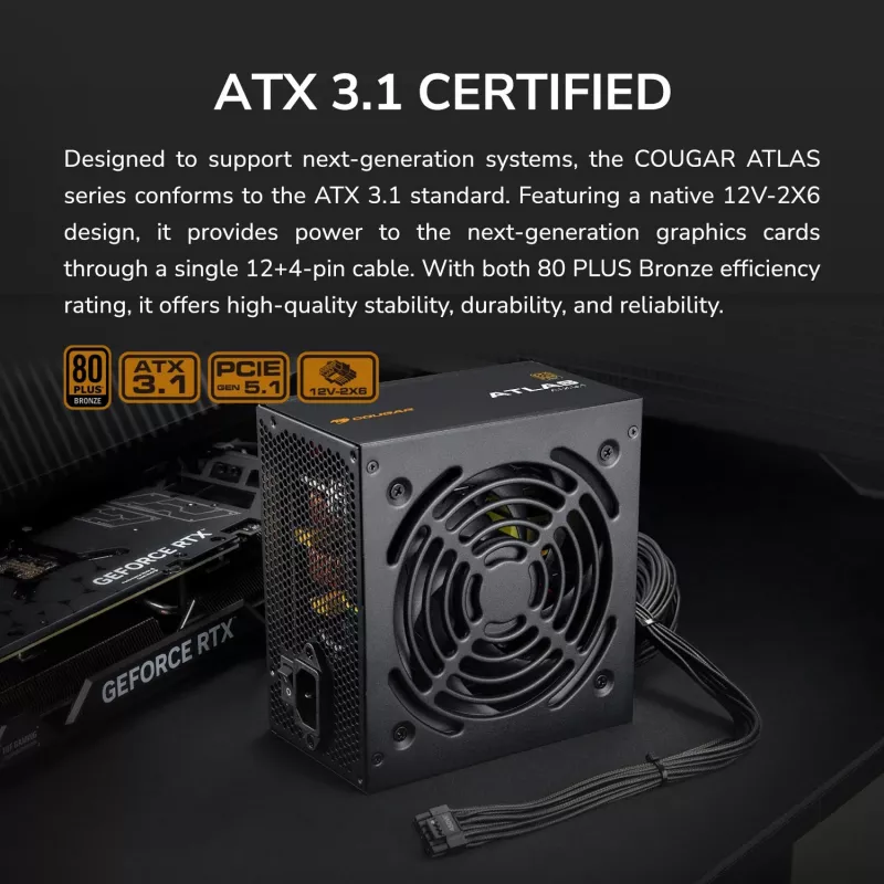 Toiteplokk Cougar ATLAS 650W ATX3.1 80 PLUS Bronze, 24-kontaktiline ATX, 120 mm ventilaator, must